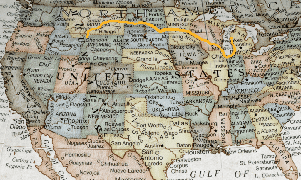 Cartina degli stati uniti che riporta il percorso fatto da Robert Cayo per raggiungere il parco di Yellowstone in occasione del viaggio che lo ha portato a ideare Avion Coach Corporation