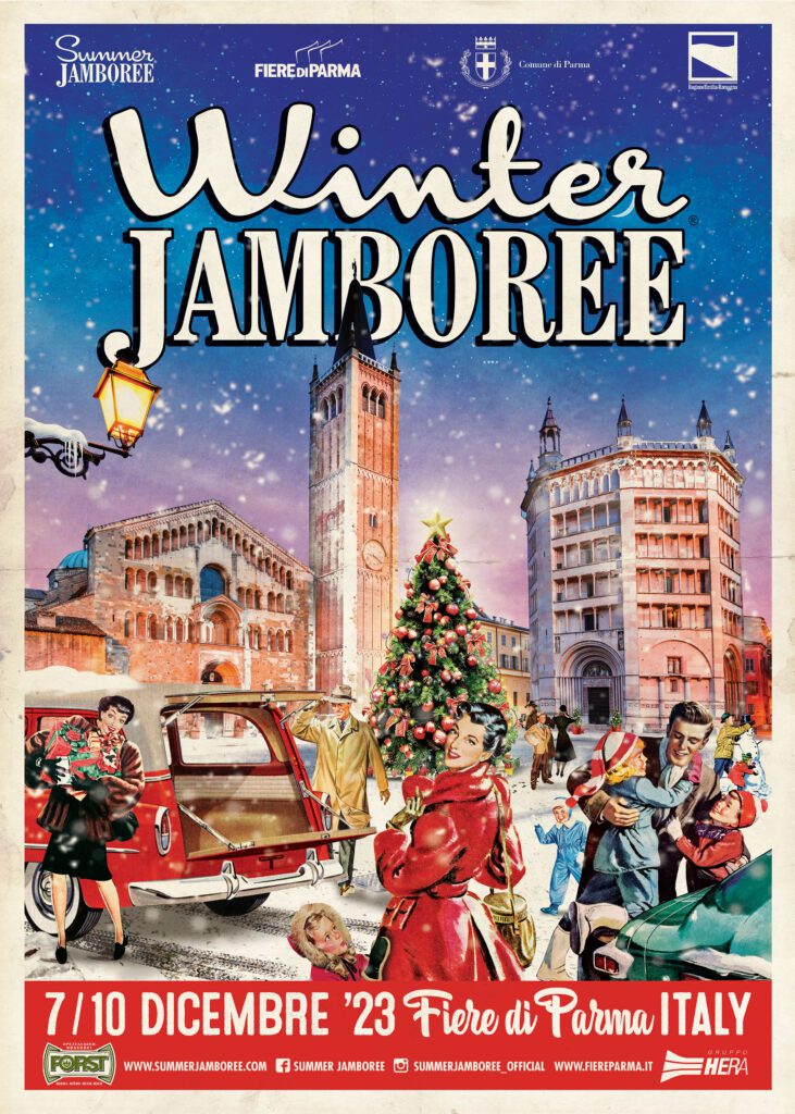 Locandia del Winter Jamboree che raffigura uomini e donne vestiti in stile vintage con alle spalle i monumenti principali di Padova