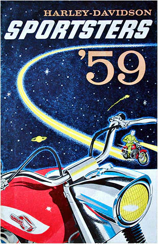 Design di una pubblicità del 1959 che ritrae una motocicletta Harley Davidson nello spazio